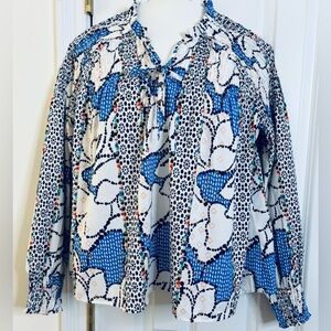 Red Camel Blouse Blue White smocked small bohemian business casual office V-neck